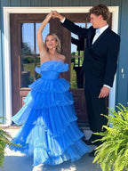 Strapless A-Line Tiered Crinkled Tulle Prom Dress
