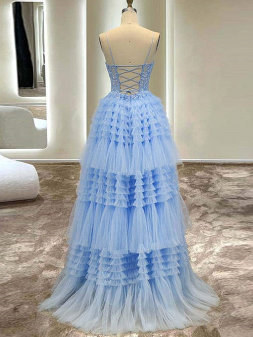 Presley | Vestido de fiesta largo de tul con tirantes finos y corte A
