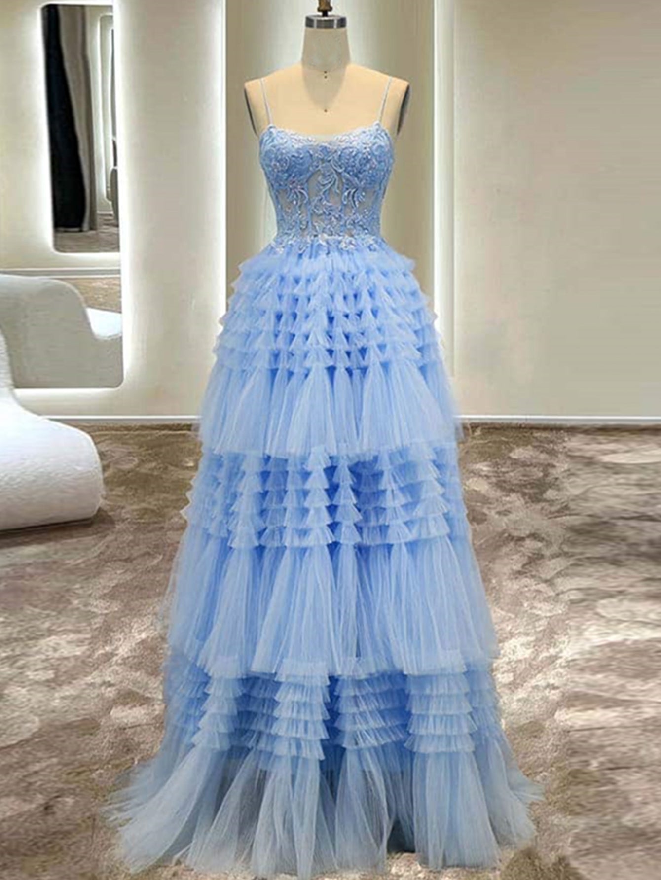 Presley | Langes Ballkleid aus Tüll mit Spaghettiträgern in A-Linie
