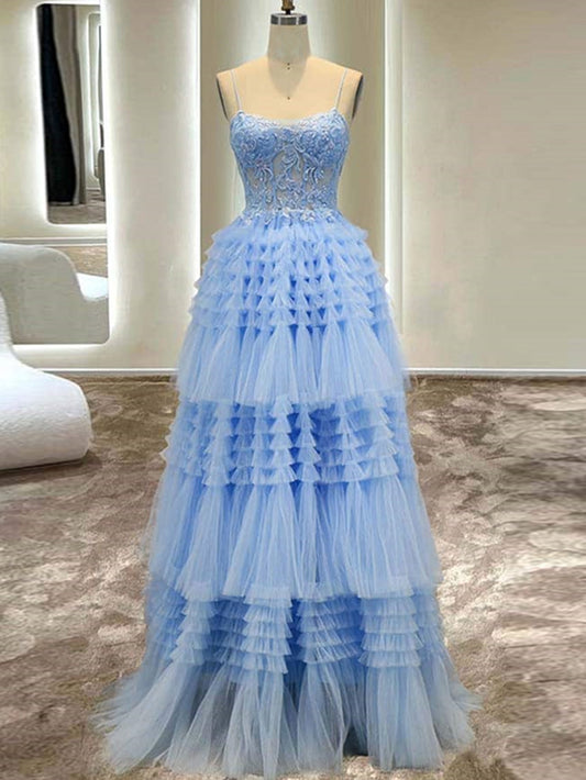 Presley | Langes Ballkleid aus Tüll mit Spaghettiträgern in A-Linie
