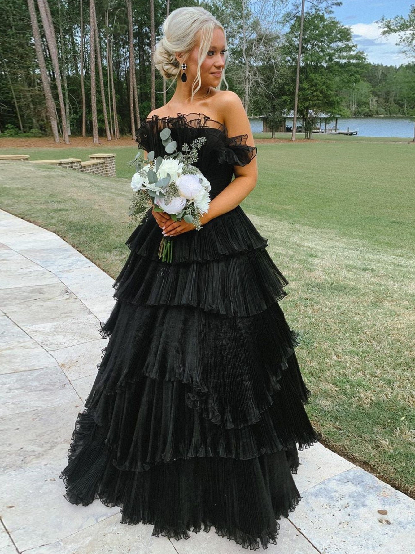 Strapless A-Line Tiered Crinkled Tulle Prom Dress