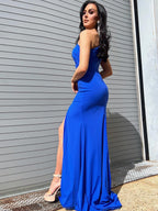 Königsblaues langes Meerjungfrau-Ballkleid mit One-Shoulder-Ausschnitt und Schlitz
