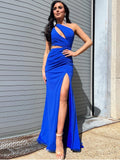 Königsblaues langes Meerjungfrau-Ballkleid mit One-Shoulder-Ausschnitt und Schlitz