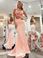 Rosa Glitzer Meerjungfrau One-Shoulder Cutout Langes Ballkleid