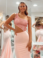 Rosa Glitzer Meerjungfrau One-Shoulder Cutout Langes Ballkleid