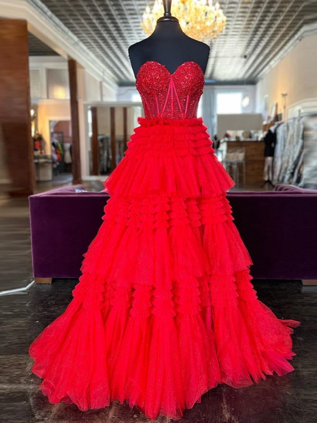 A-Line Sweetheart Tiered Long Tulle Prom Dress