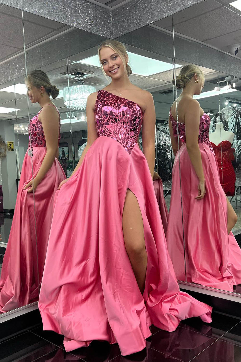 Amiyah | Vestido de fiesta de lentejuelas con un solo hombro y abertura en forma de A