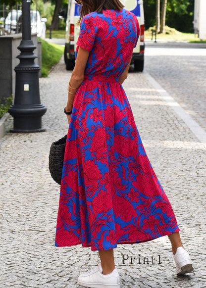 New V Neck Print Side Open Tie Waist Cotton Dress Summer