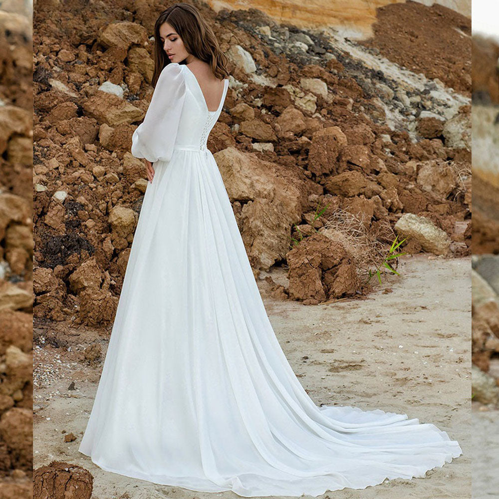 Puff Sleeve Wedding Dresses Women Vestido De Novia Long Chiffon Elegant V-Neck A-Line Backless Bridal Gown Robe Mariée-payinti