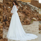 Puff Sleeve Wedding Dresses Women Vestido De Novia Long Chiffon Elegant V-Neck A-Line Backless Bridal Gown Robe Mariée-payinti