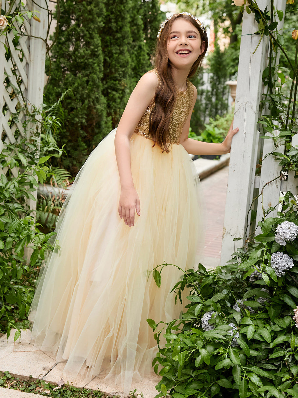 Vestido de fiesta/princesa de tul hasta el suelo color champán para niña de las flores
