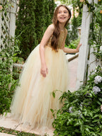 Vestido de fiesta/princesa de tul hasta el suelo color champán para niña de las flores