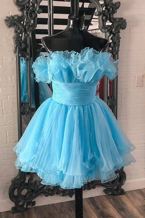 Amaia | Vestido de fiesta corto azul de corte A, sin tirantes y con volantes