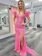 Mermaid Deep V Neck Feather Lace Long Prom Dress