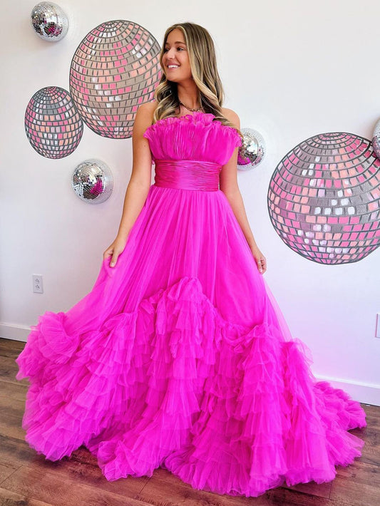 Alani | A-Linien-Ballkleid aus trägerlosem, rosafarbenem, gestuftem Tüll