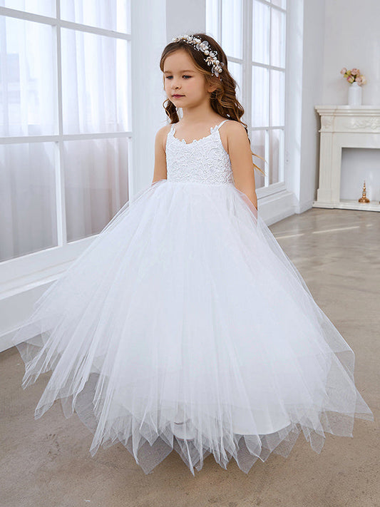 Vestido de gala/princesa de tul con encaje blanco hasta el suelo (010145213)