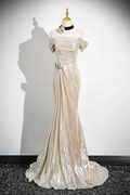 Charming Champagne Off The Shoulder Satin Prom Dress Mermaid Evening Gown Y8202