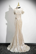 Charming Champagne Off The Shoulder Satin Prom Dress Mermaid Evening Gown Y8202