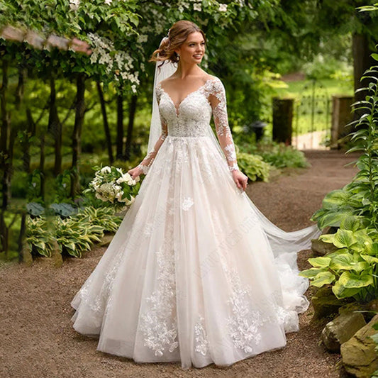 Vintage Wedding Dresses For Women Appliques Long Sleeves Bride Gowns Backless A Line Vestidos De Noiva Mariage-payinti