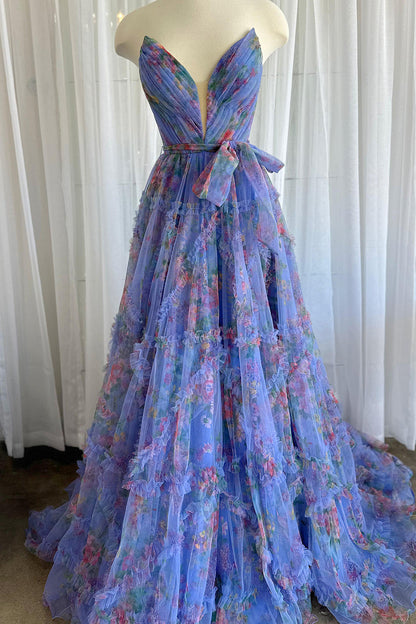 Izabella | A-Linien-Ballkleid aus Tüll mit Herzausschnitt und Blumenmuster und Schlitz