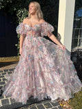 Sydney | Vestido de fiesta largo de tul con escote en forma de corazón y estampado