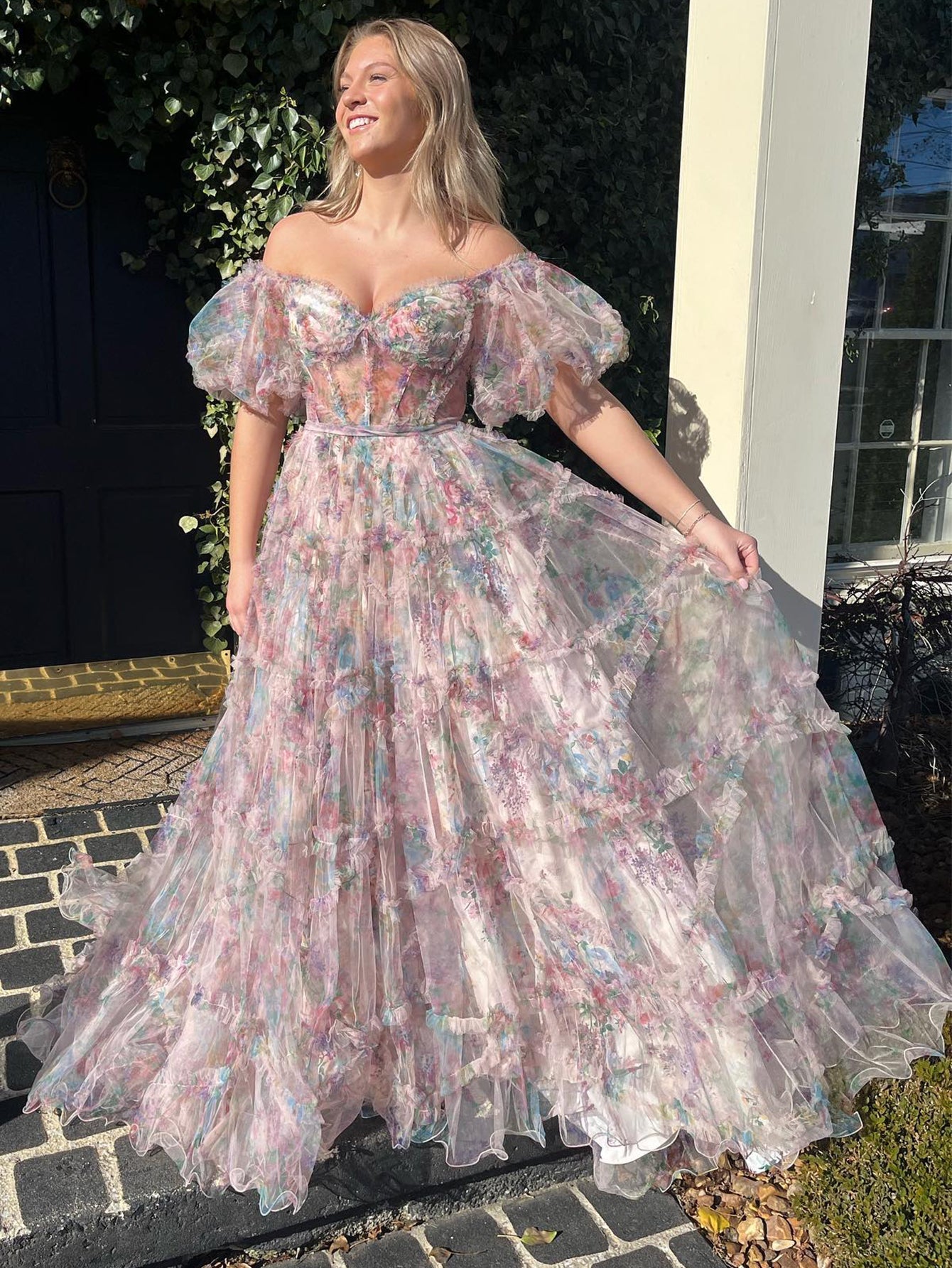 Sydney | Vestido de fiesta largo de tul con escote en forma de corazón y estampado