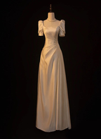 Elegantes weißes Satin A-Linie Hochzeitskleid Langes Ballkleid Abendkleid Y7546