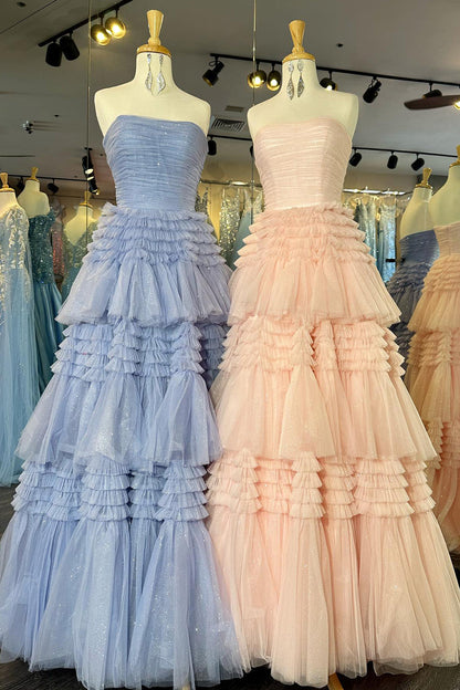 Daniela | Langes, trägerloses A-Linien-Ballkleid aus Tüll mit gestuften Rüschen