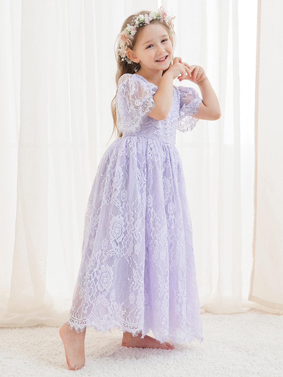 A-Linien-Spitze Knöchellanges Elfenbein Boho Blumenmädchenkleid 