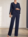 Vestido de gasa para madre de la novia, con escote en V y largo hasta el suelo, de mono/pantalón separado