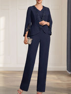 Vestido de gasa para madre de la novia, con escote en V y largo hasta el suelo, de mono/pantalón separado