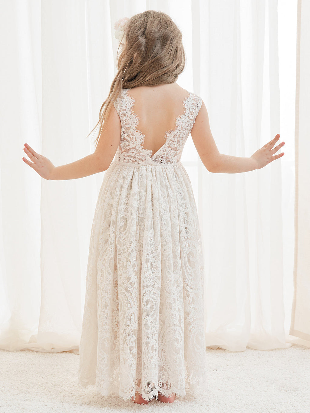 A-Linien-Spitze Knöchellanges Elfenbein Boho Blumenmädchenkleid 