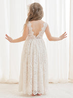 A-Linien-Spitze Knöchellanges Elfenbein Boho Blumenmädchenkleid 