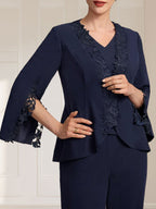Vestido de gasa para madre de la novia, con escote en V y largo hasta el suelo, de mono/pantalón separado