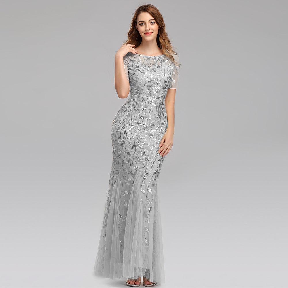 Summer Autumn Banquet Host Slim Mesh Sequ Evening Dress Fishtail Dress for Women
