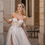 Light Champagne Pastrol Wedding Dresses Off Shoulder Sweetheart Bride Gowns Side Split A-Line Tulle Vestido De Novia-payinti