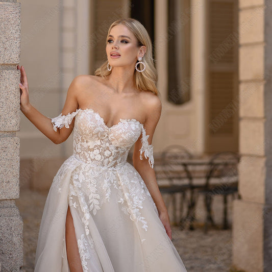 Light Champagne Pastrol Wedding Dresses Off Shoulder Sweetheart Bride Gowns Side Split A-Line Tulle Vestido De Novia-payinti