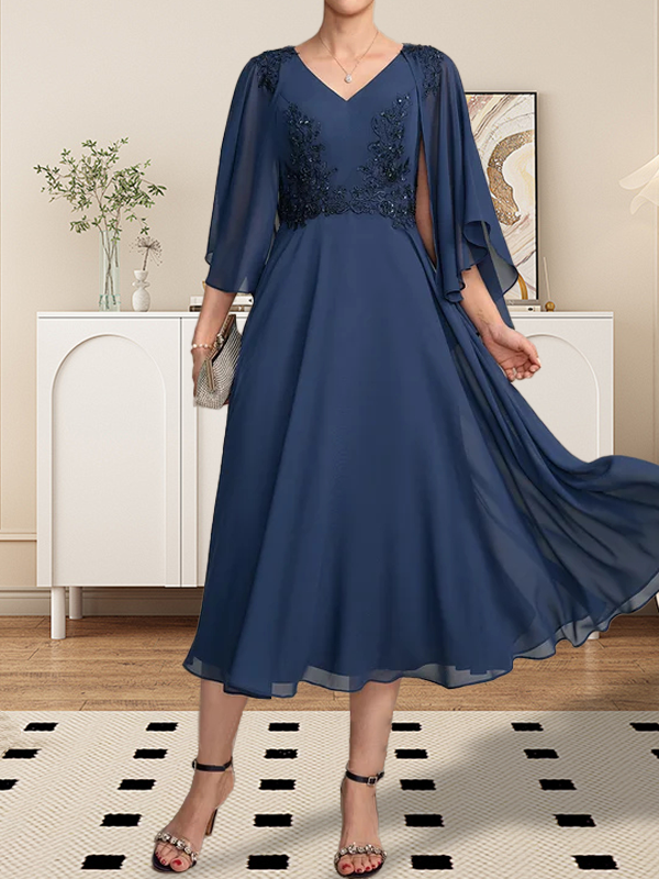 Vestido de gasa con encaje y escote en V para madre de la novia, largo hasta la rodilla, con lentejuelas y abalorios