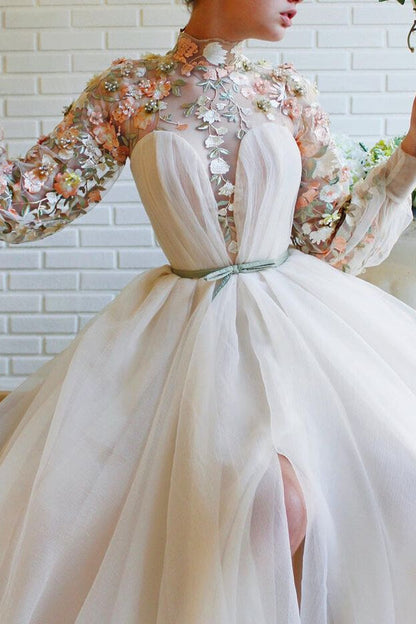 White Long Sleeves A-line High Neck Tulle Flower Mermaid Prom Dresses with Slit