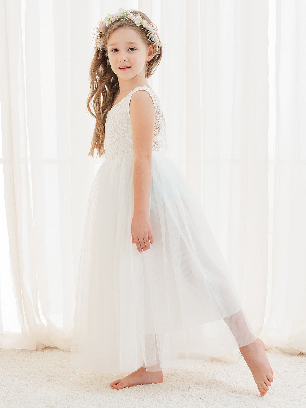 Vestido blanco de tul con encaje y corte en A hasta los tobillos (2003227597)