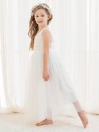 Vestido blanco de tul con encaje y corte en A hasta los tobillos (2003227597)