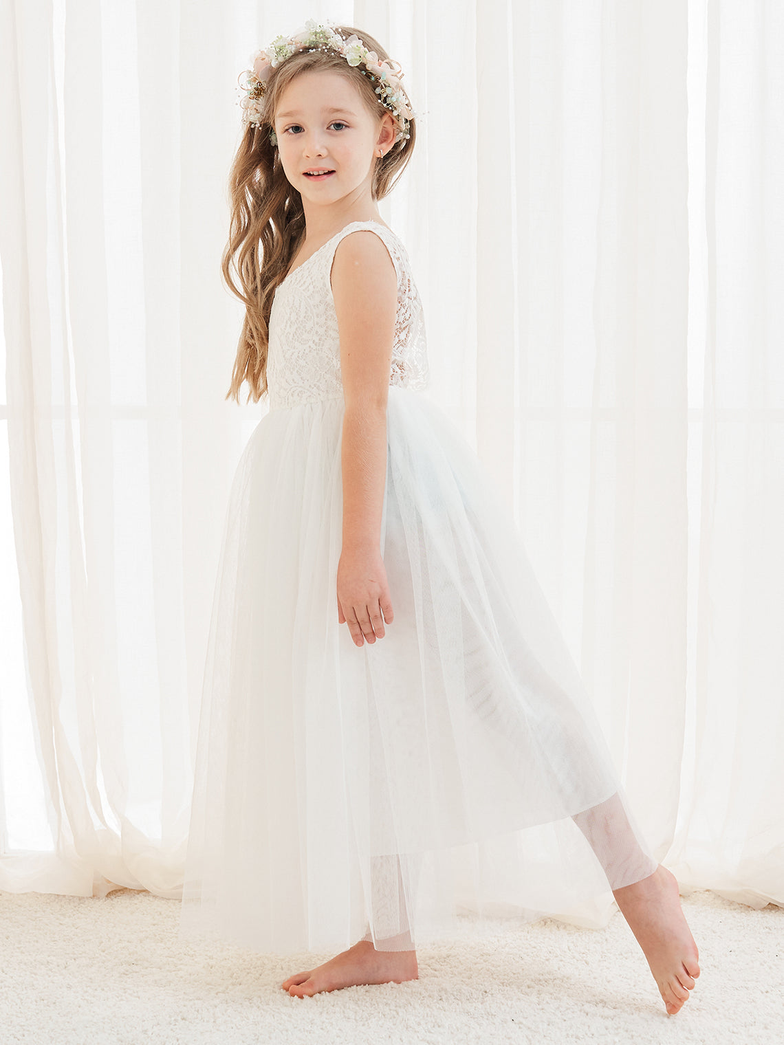 Vestido blanco de tul con encaje y corte en A hasta los tobillos (2003227597)