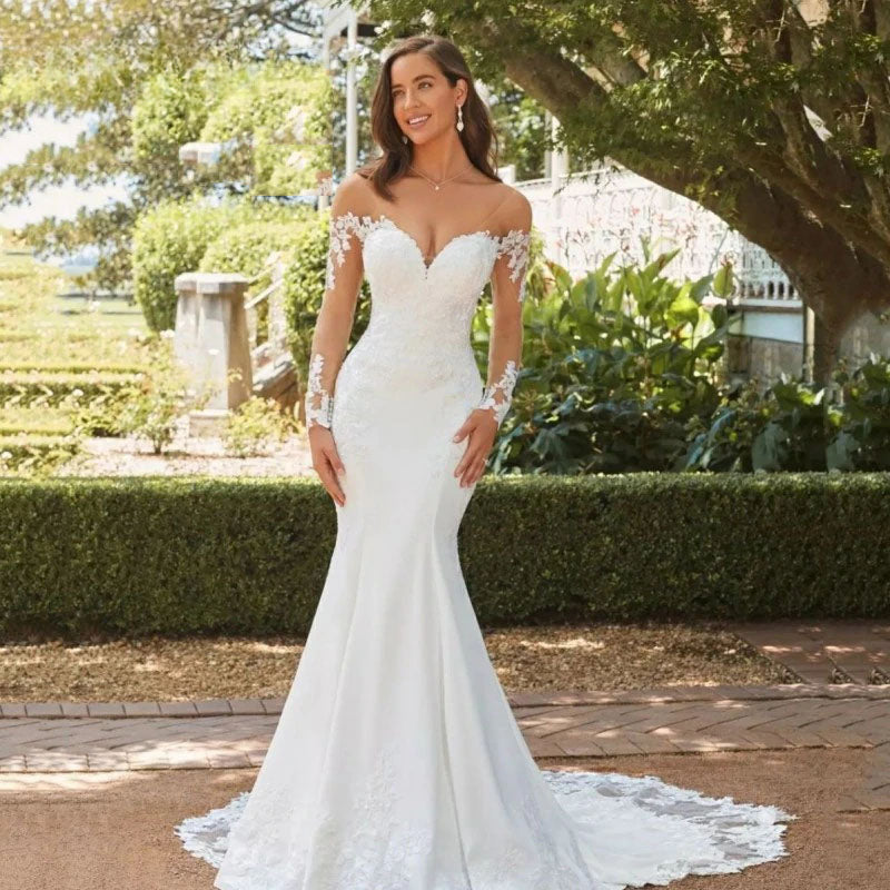 Mermaid Wedding Dresses For Women Sexy Backless Sweet Heart Bridal Gown White Lace Long Sleeve A-Line Vestidos De Novia-payinti