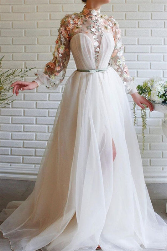 White Long Sleeves A-line High Neck Tulle Flower Mermaid Prom Dresses with Slit