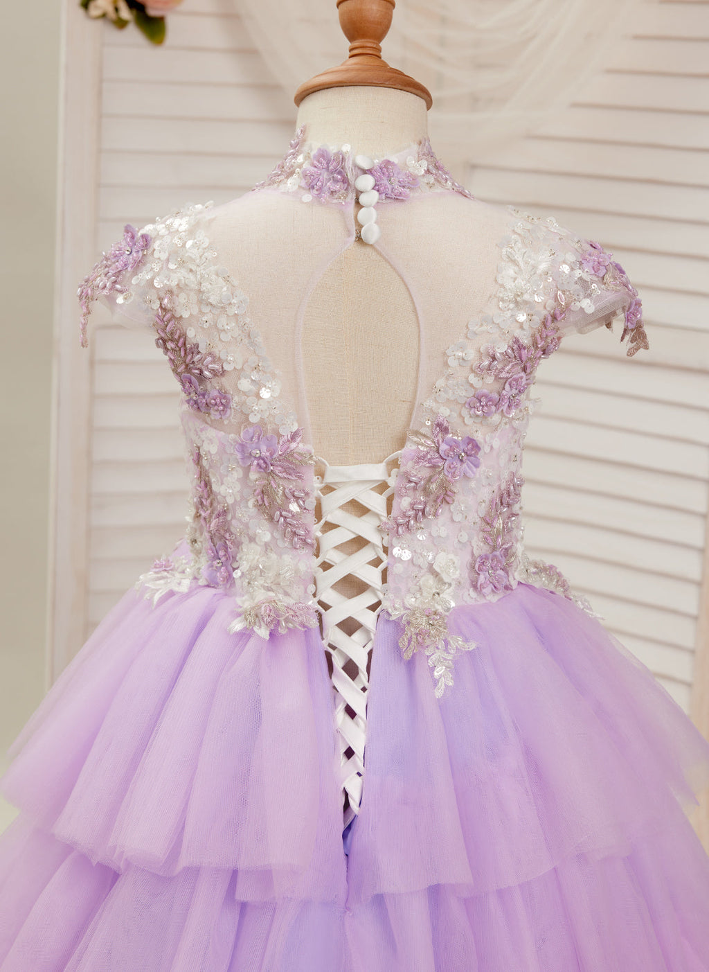 Lilac Tulle Princess Ball Gown with Floral Appliques and Beading for Girls
