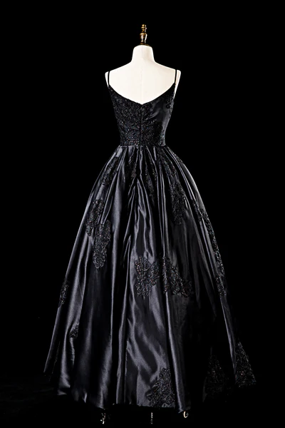 Sexy Satin Spaghettiträger Schwarzes Brautkleid A-Linie Party Abendkleid Formales Ballkleid Y7545