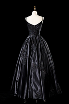 Sexy Satin Spaghettiträger Schwarzes Brautkleid A-Linie Party Abendkleid Formales Ballkleid Y7545