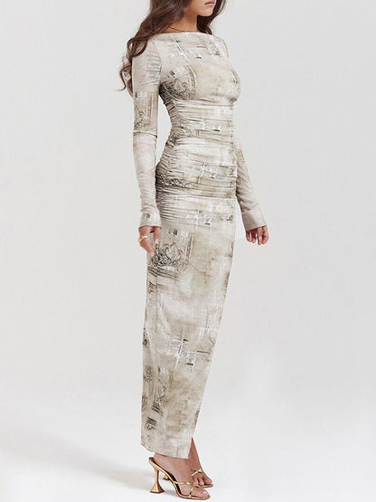 Long Sleeves Skinny Printed Split-Back Split-Joint Round-Neck Evening Dresses Maxi Dresses