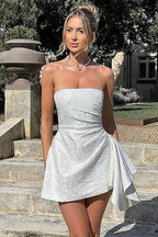 A-Linie, trägerlos, ärmellos, kurzes Heimkehrkleid, Jacquard-Satin, asymmetrisch, Partykleider mit Schnürung