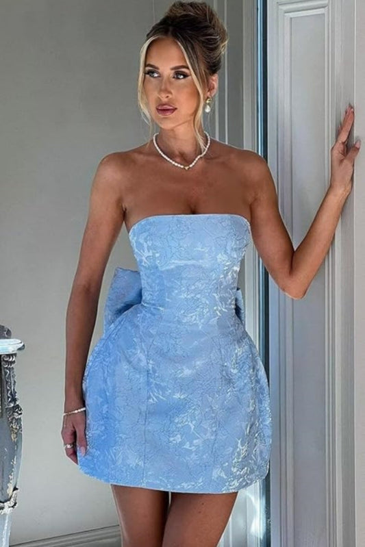 Trägerloses, kurzes Ballkleid für den Heimkehr, ärmelloses Partykleid aus Jacquard-Satin mit Schnürung und Schleife